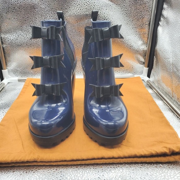 Melissa Karl Lagerfeld Boots‎ Womens 6 Blue Bow Chelsea Ankle Rain Heel Platform - Picture 2 of 16
